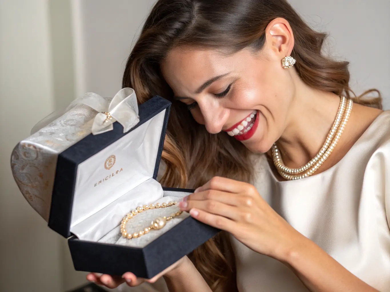 A customer smiling as she receives a beautifully packaged GemLuxe jewelry box, highlighting the exceptional customer service and attention to detail.