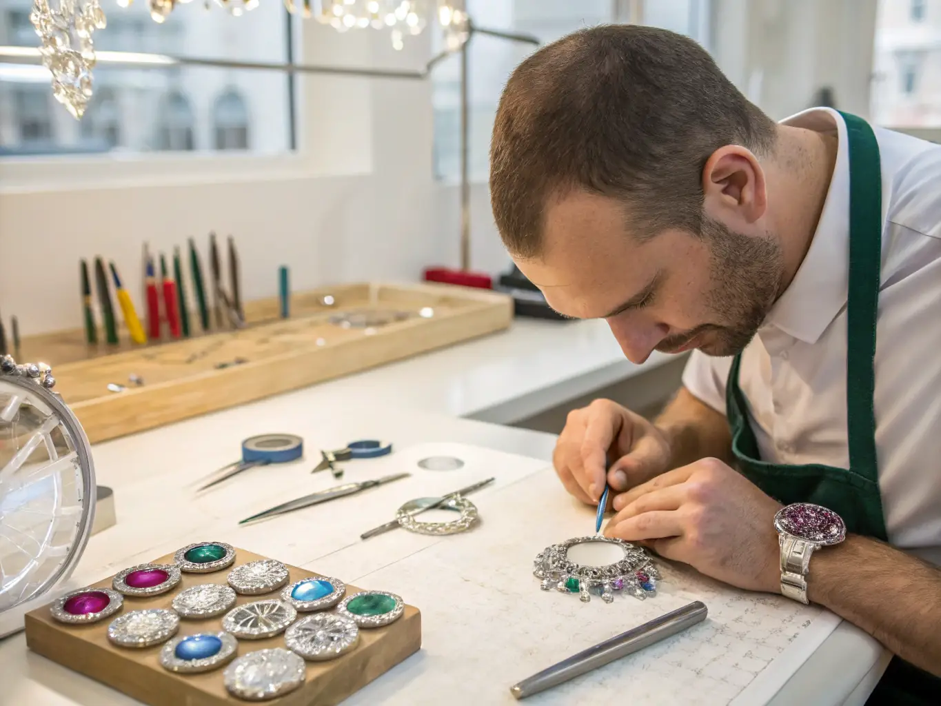 A close-up shot of a jeweler's hands meticulously setting a diamond into a ring, showcasing the craftsmanship and attention to detail that goes into each GemLuxe piece.